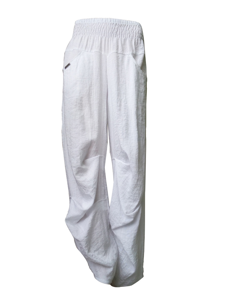 LD - ležérní kalhoty v pase na gumu se sklady v oblasti kolen ke kotníkům ze směsové jednobarevné  tkaniny 