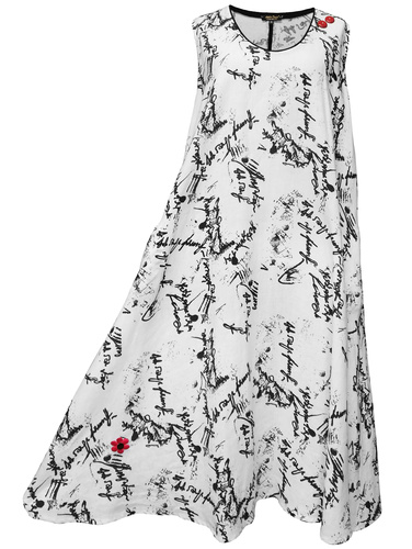 dlouhé zvonové rozevláté šaty střihu do A z chladivého lněného materiálu s tiskem písma