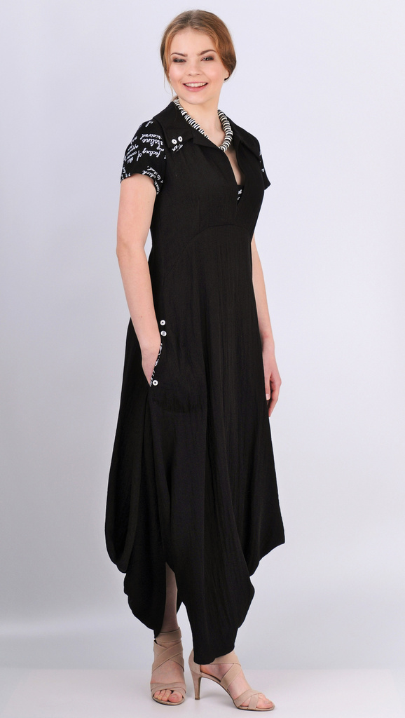 atypické, asymetrické lněné šaty s límečkem v kombinaci s elastickým úpletem tvarující postavu černá