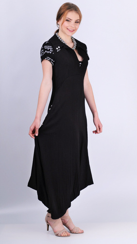 atypické, asymetrické lněné šaty s límečkem v kombinaci s elastickým úpletem tvarující postavu černá