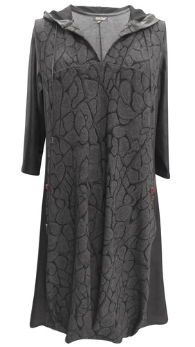 krátké teplé sportovní šaty s kapucí z dutinového úpletu v kombinaci s elastickým černým úpletem šedé