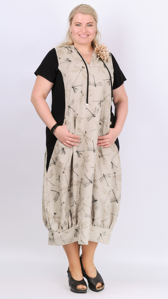 lněné šaty s balónovou sukní s kapucí z potištěné tkaniny 