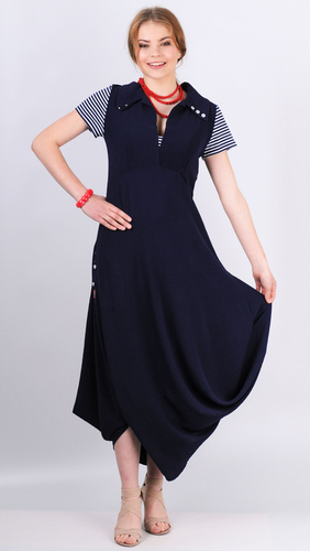 LUCIE - NAVY atypické asymetrické  šaty přestřižené v pase s límečkem ze směsové  tkaniny s v kombinaci s elastickým úpletem