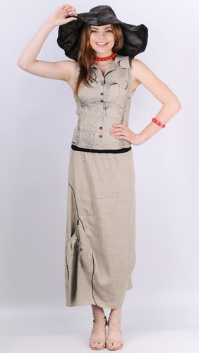lněná rovná sukně asymetricky řešená s nakládanou kapsou a výrazným stretchovým páskem