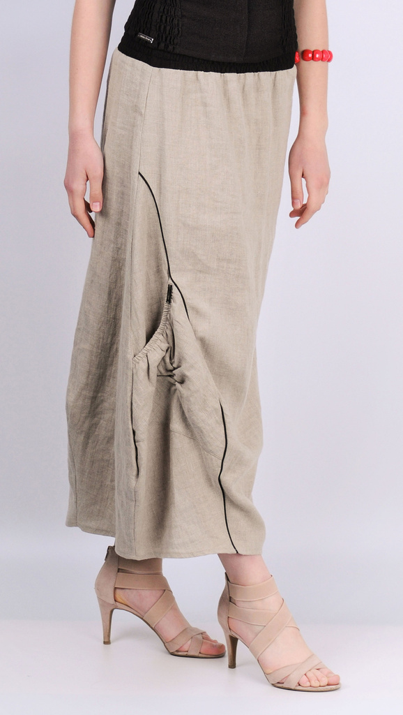 KAMI - lněná rovná sukně asymetricky řešená s nakládanou kapsou a výrazným stretchovým páskem