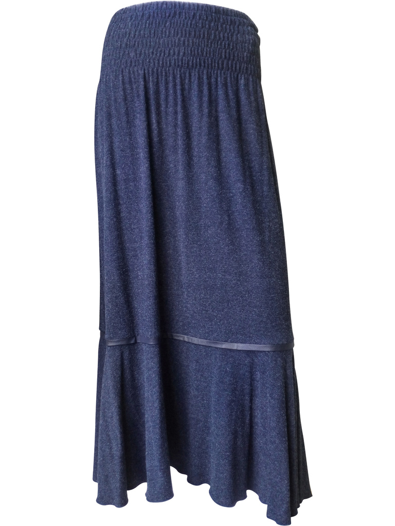 dlouhá antracitová zvonová sukně z elastického viskózového úpletu s vysokým, vygumičkovaným pasem tmavě modrá
