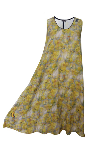 dlouhé zvonové rozevláté šaty střihu do A z chladivého lněného materiálu s florálním tiskem žlutá