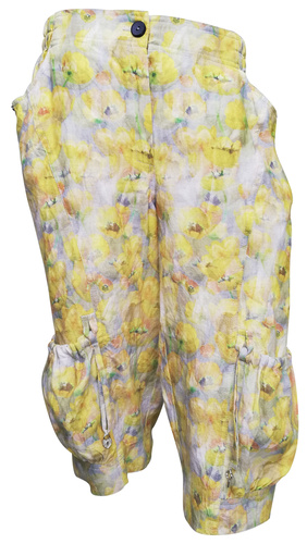 lněné kraťasy pod kolena s klasickými a nakládanými kapsami z potištěné tkaniny s motivy tulipánů žlutá