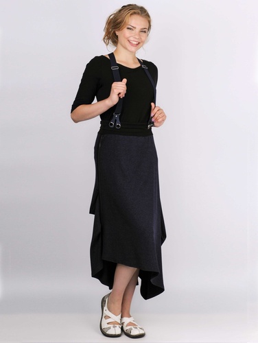 SUKNĚ ZORA – asymetrická sukně s kšandami a vysokým elastickým pasem z výplňkové pleteniny