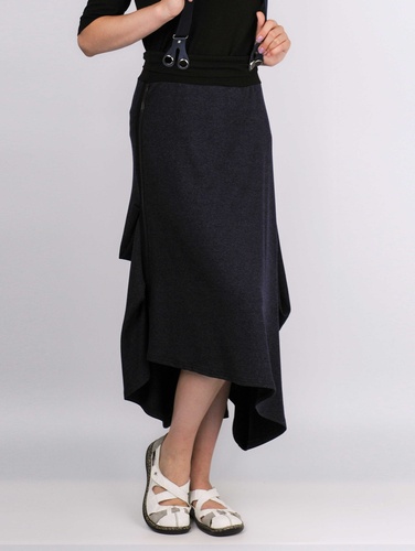 SUKNĚ ZORA – asymetrická sukně s kšandami a vysokým elastickým pasem z výplňkové pleteniny