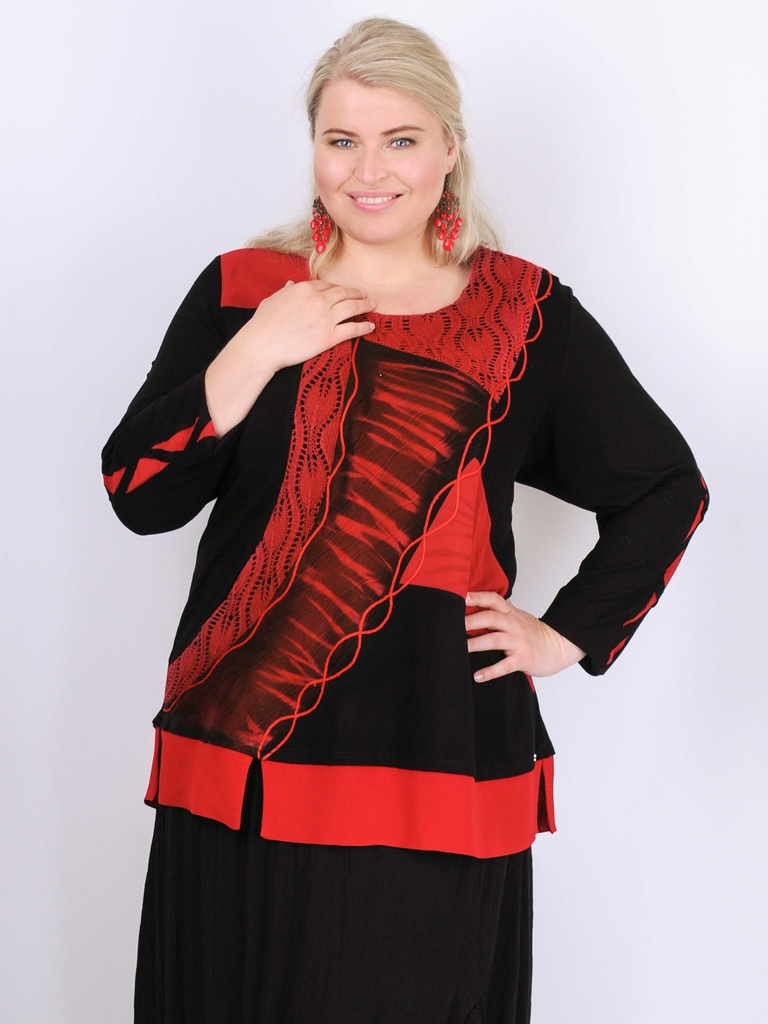 BEATRIX - halena v kontrastních barvách černo/červené s krajkou, zdobená leptovým tiskem