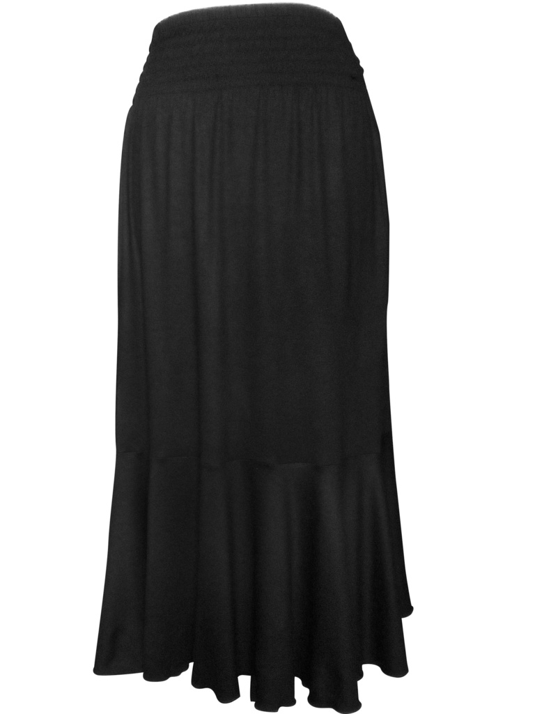 dlouhá černá zvonová sukně z elastického viskózového úpletu s vysokým, vygumičkovaným pasem